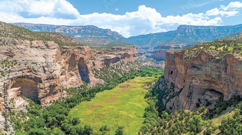 Breathtaking Panoramic View of a Vast Green Valley Surrounded by Majestic Rocky Mountains Under a Clear Blue Sky with Fluffy White Clouds