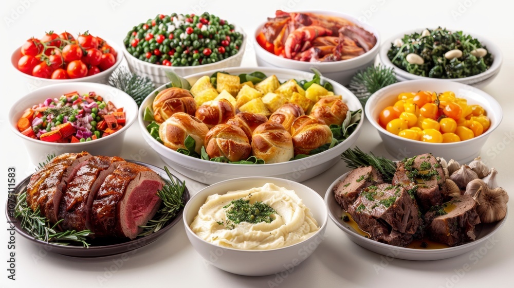 A full Christmas dinner spread with all the trimmings, isolated on white A full Christmas dinner spread with all the trimmings, isolated on white