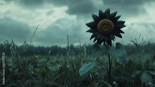 Single black sunflower in a moody field photo