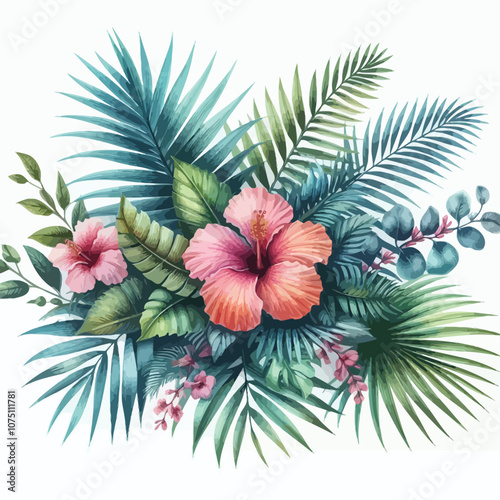 Tropical boho watercolor design with palm leaves and hibiscus flowers vector