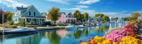 A serene waterfront view of a quaint town with colorful houses and blooming flowers on a sunny day