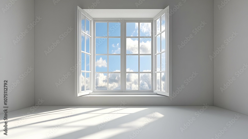 Fototapeta premium 3D Illustration Empty Room White Window Clouds Sunlight