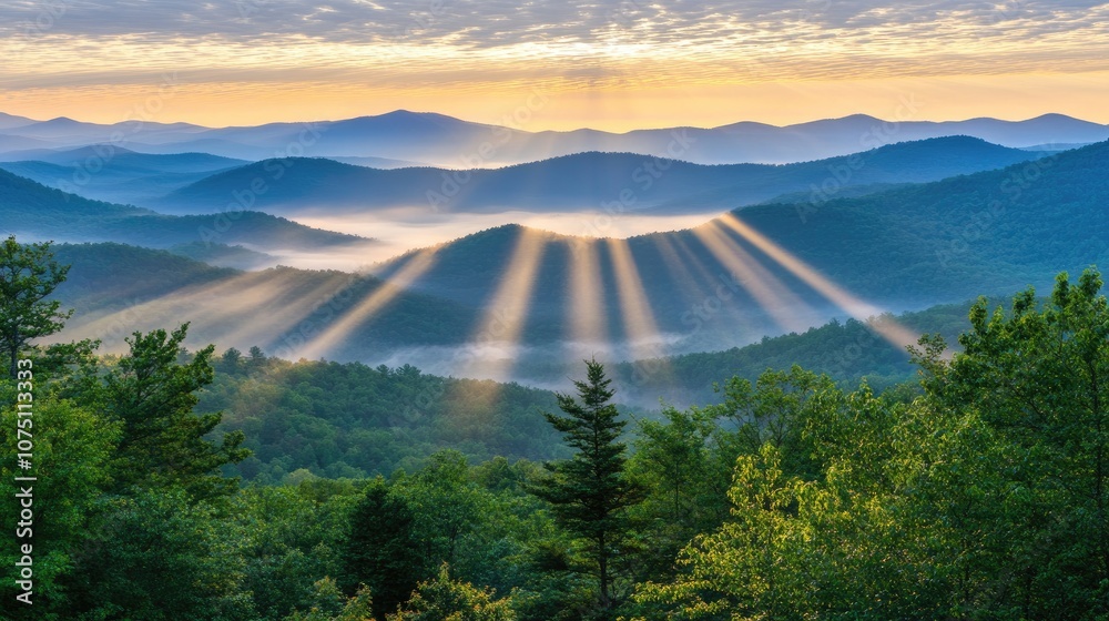 Serene Mountain Landscape at Sunrise with Rays of Light Shining Through Misty Valleys and Lush Green Forests in a Peaceful Nature Scene Serene Mountain Landscape at Sunrise with Rays of Light Shining Through Misty Valleys and Lush Green Forests in a Peaceful Nature Scene