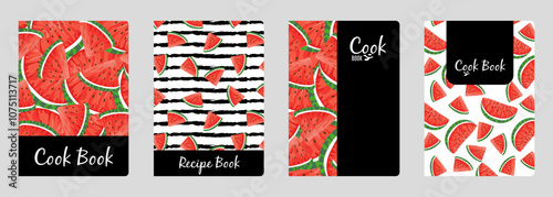 Set of cover designs for notebook, notepad, cook book, catalog with red, ripe watermelon. Vertical format A4, A5.