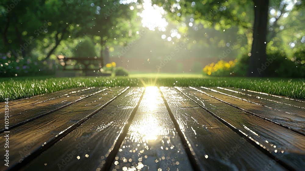 A serene garden scene with sunlight reflecting on wet wooden planks after rain. A serene garden scene with sunlight reflecting on wet wooden planks after rain.