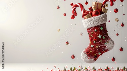 A hanging Christmas stocking filled with small gifts and candy canes, isolated on white background