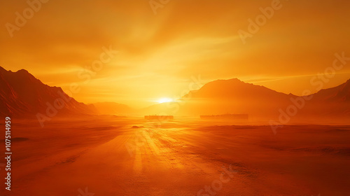 3D Illustration - Orange Mars Sunset Landscape with Mountains and Road