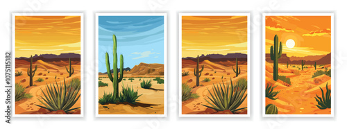 Vector illustration of a vast desert landscape with golden sand dunes, clear blue skies, and scattered cacti. Design elements for posters, book covers, brochures, and flyers.
