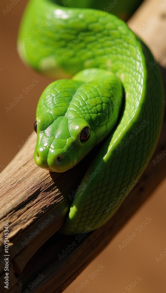 Obraz premium A cutebra snake adorned with vibrant gleaming patterns poses playfully on a rustic wood branch