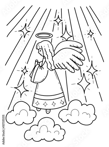 Coloring book Christmas angel hand drawn. Prayer for peace. Heaven, star, wings, halo. Cute character. Festive joy. Holiday event. Vector outline art illustration. Page for kids and adults.