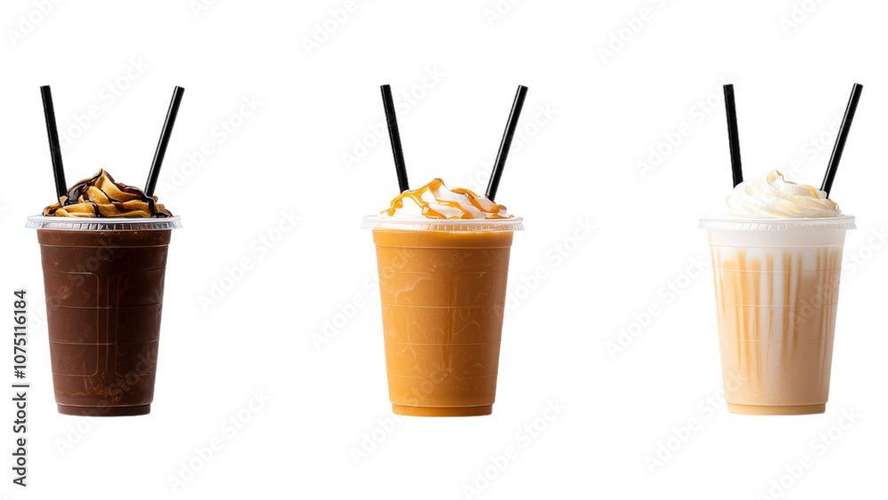 Three different frosty drink cups topped with whipped cream, showcasing distinct layers of flavors, presented side by side. Three different frosty drink cups topped with whipped cream, showcasing distinct layers of flavors, presented side by side.