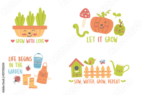 Collection gardening kawaii elements badge, label design with lettering