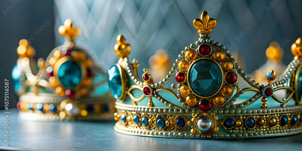 Naklejka premium Detailed Close Up Reyes Magos Traditional Crowns Intricate Designs Festive Embellishments Copy Space Concept Ideal for Magazine Advertisements Banners Text Space Photography Stock