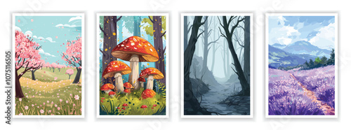 Lavender fields, misty forest, fairy tale mushroom forest, and orchard in bloom illustrations