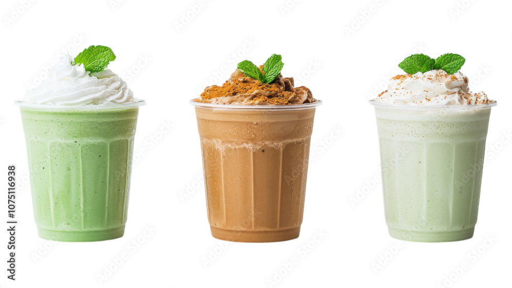 Three delicious, colorful milkshakes topped with whipped cream and mint leaves, showcasing different flavors in clear cups.