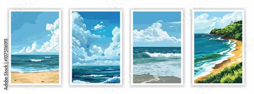 Vector illustration. Flat ocean landscape with waves, horizon, and seagulls. Serene and vibrant colors, clear skies, and endless water. Design elements for posters, book covers, brochures, magazines,
