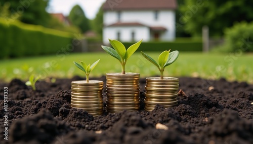 Rich dark soil yields stacks of coins and young plants amidst a backdrop of a blurry home photo