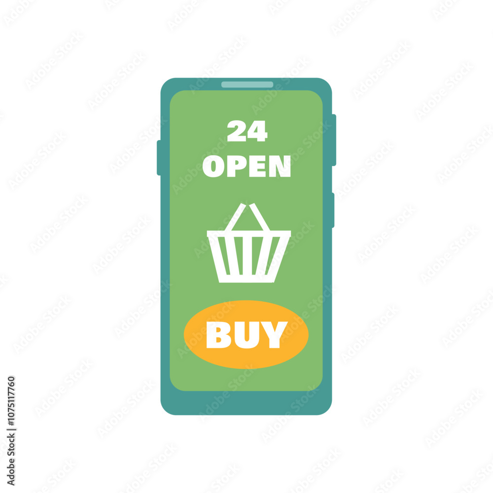 Smartphone with shopping cart and buy button on the screen turned on. Sale, Black Friday, discounts, online shopping. Vector color illustration Smartphone with shopping cart and buy button on the screen turned on. Sale, Black Friday, discounts, online shopping. Vector color illustration