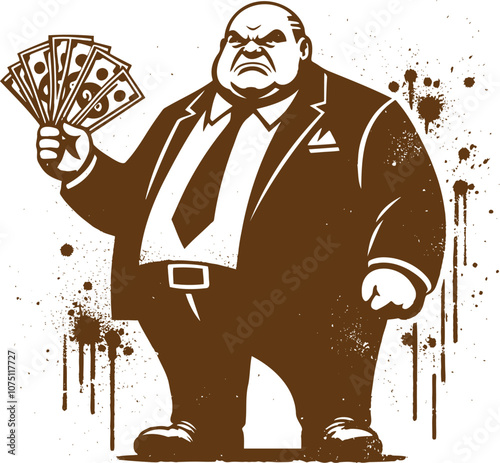 Cartoon illustration of a tough businessman holding a fan of money in grunge style for use in financial economic or business related designs