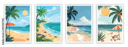 Summer Beach Landscape Drawing. Vector illustration of sandy shores, ocean waves, and tropical scenery. Editable artwork for vacation posters, covers, or beach-themed designs.