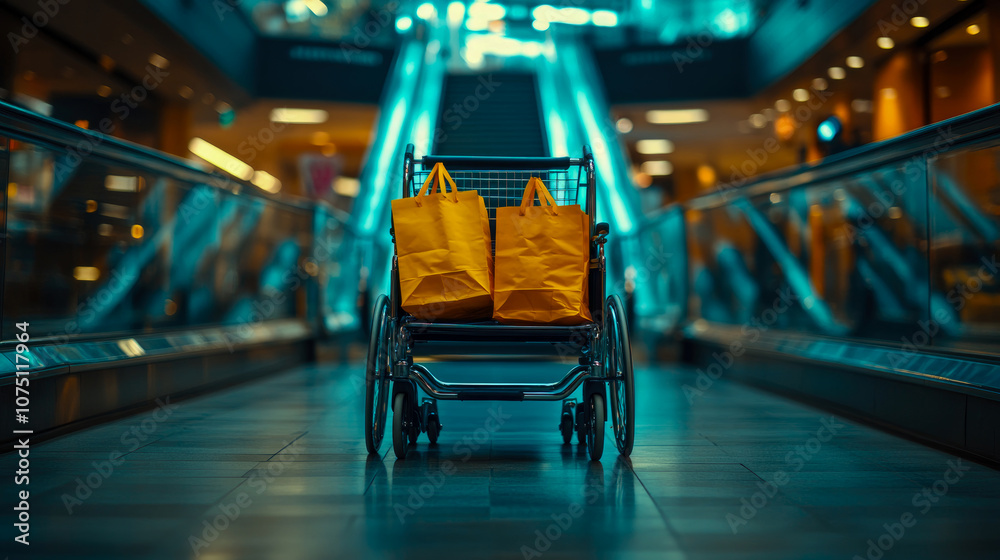 Naklejka premium A wheelchair awaits in a busy shopping mall, holding two yellow bags while shoppers move along the escalators in the background