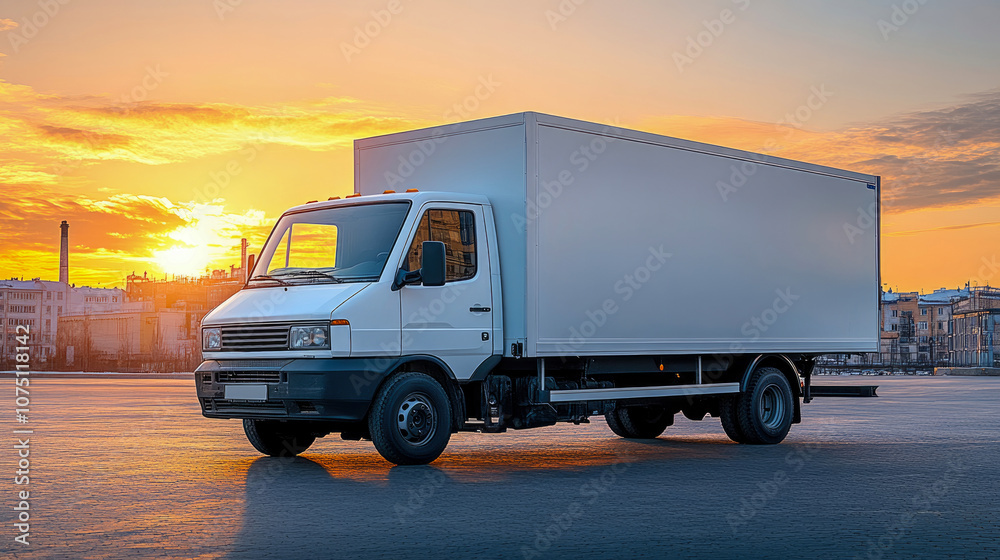 A large white delivery truck stands on an empty urban street as the sun sets, casting a warm glow and vibrant colors across the sky A large white delivery truck stands on an empty urban street as the sun sets, casting a warm glow and vibrant colors across the sky