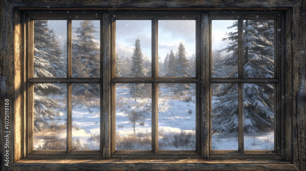 Serene Snowy Winter Landscape Viewed Through Large Rustic Wooden Window with Clear Panes Serene Snowy Winter Landscape Viewed Through Large Rustic Wooden Window with Clear Panes