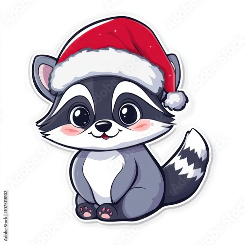 Holiday Raccoon with Santa Hat Minimal Design: Cute Christmas Sticker Clipart