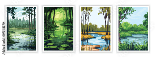 Swamp Landscape Drawing. Vector illustration of wetlands, marshes, and boggy scenery. Editable artwork for nature-themed designs, posters, or environmental covers.
