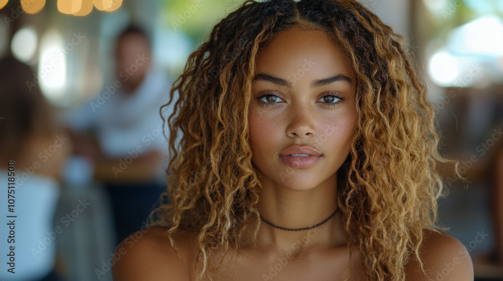 A young woman with curly hair gazes directly at the camera while enjoying a sunny day at a lively cafe with colorful decor and soft lighting
