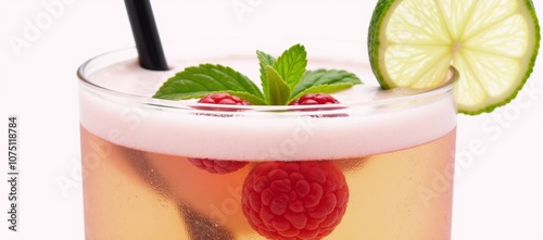 Close-up shot of a Collins glass filled with Raspberry Rhapsody whiskey cocktail against a pure white backdrop