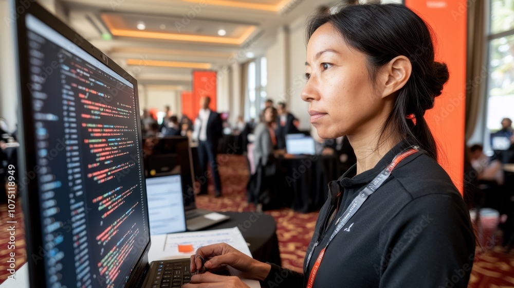 Woman Coding at Corporate Event Woman Coding at Corporate Event