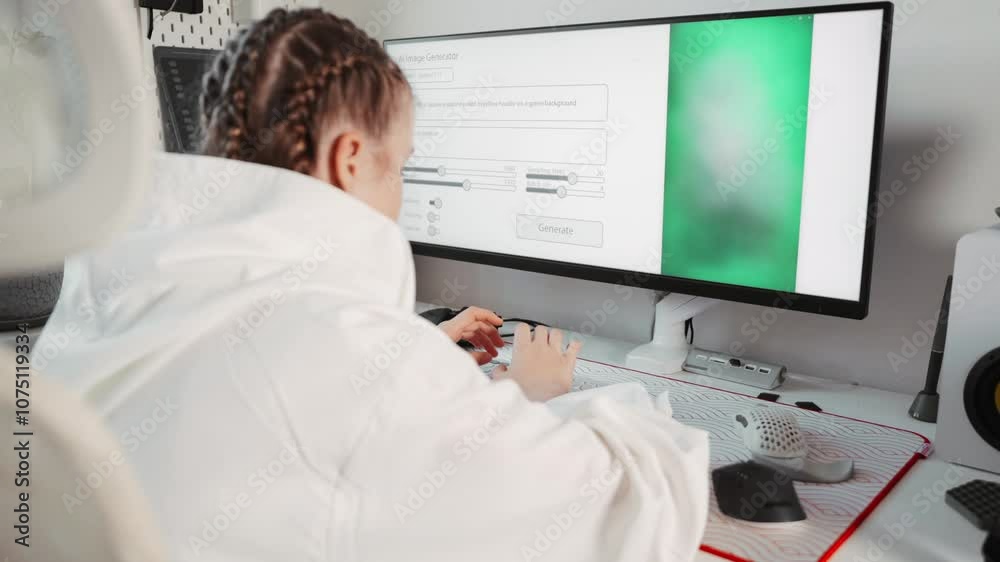 Neural network works in real time on computer display according to pre-written task in prompt. Young woman, prompt engineer, watches computer screen and monitors process of generating creative picture Neural network works in real time on computer display according to pre-written task in prompt. Young woman, prompt engineer, watches computer screen and monitors process of generating creative picture