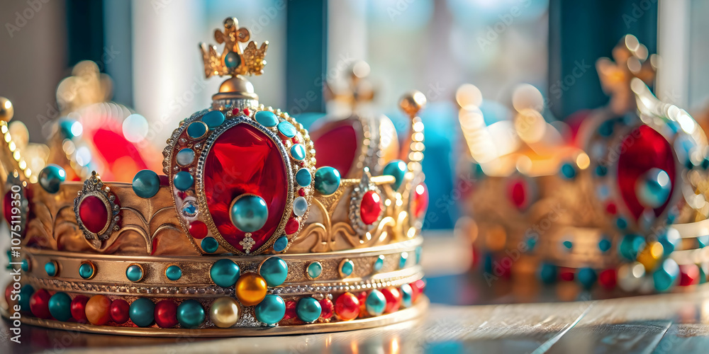 Naklejka premium Close Up of Reyes Magos Traditional Crowns Highlighting Intricate Designs and Festive Embellishments for Magazine Advertisements or Banners with Copy Space for Text