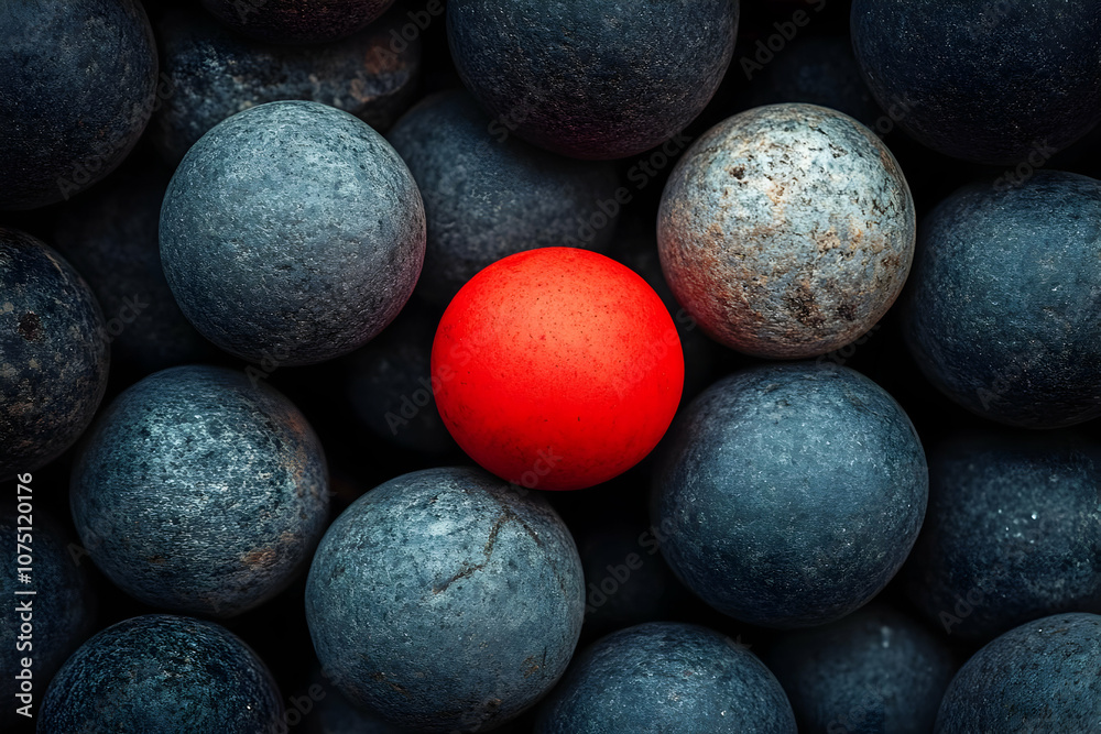 Photo-Red Sphere Among Dark Gray Spheres Photo-Red Sphere Among Dark Gray Spheres