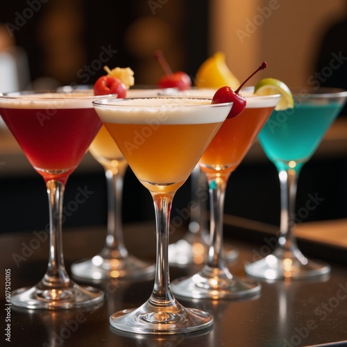 Cocktail arrangements dressed up for NYE awaiting festive toasts photo
