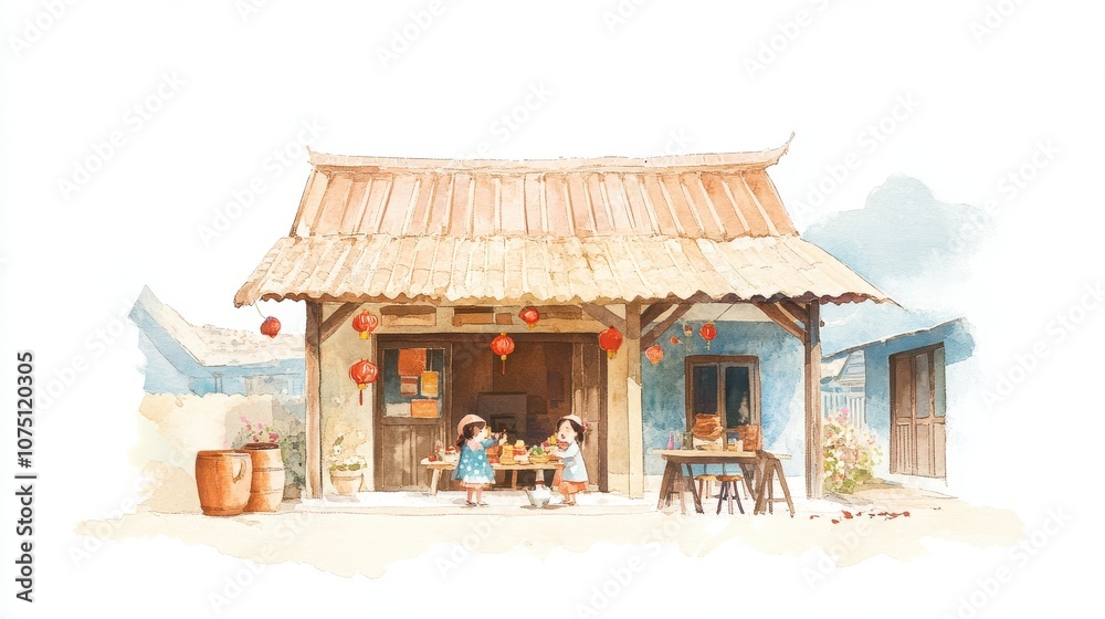 Obraz premium Charming illustration of a traditional village house with children enjoying playtime.