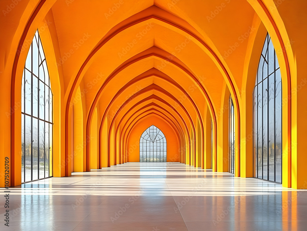Fototapeta premium 3D Illustration Orange Arch Hallway Windows Floor Reflection