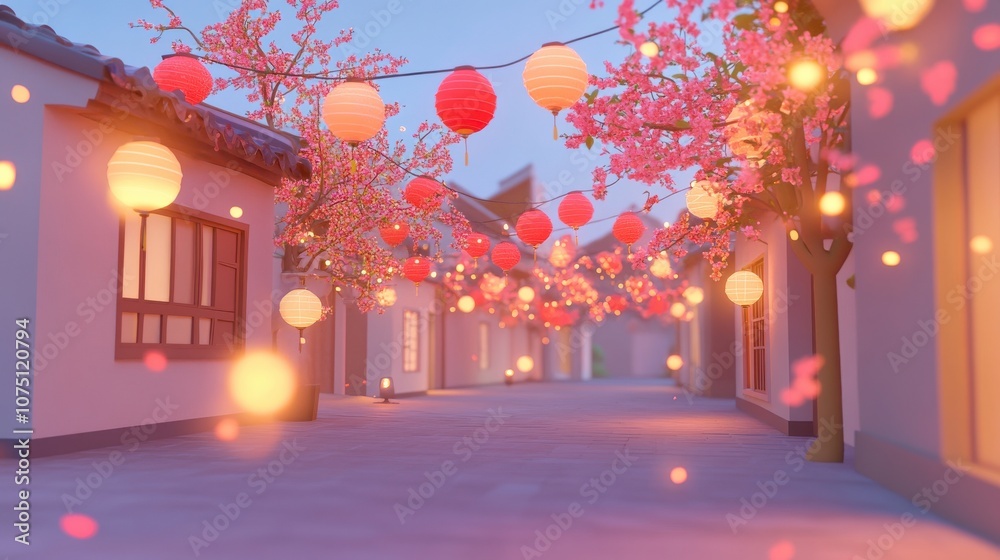 Fototapeta premium Charming street adorned with lanterns and cherry blossoms, evoking festive ambiance.