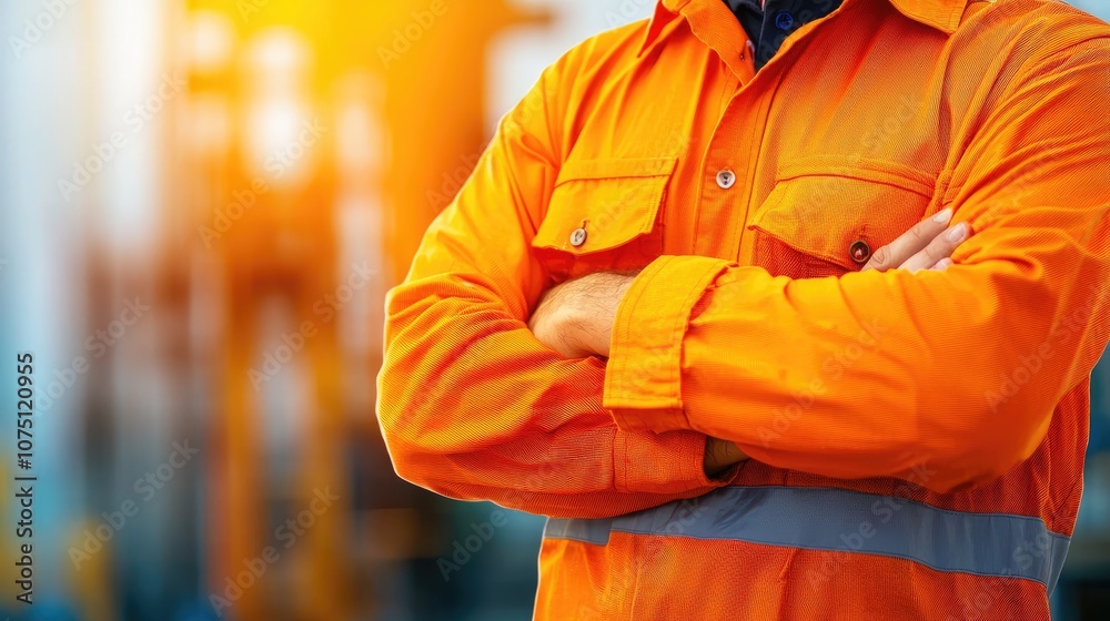 Worker in orange safety uniform with crossed arms, blurred background.