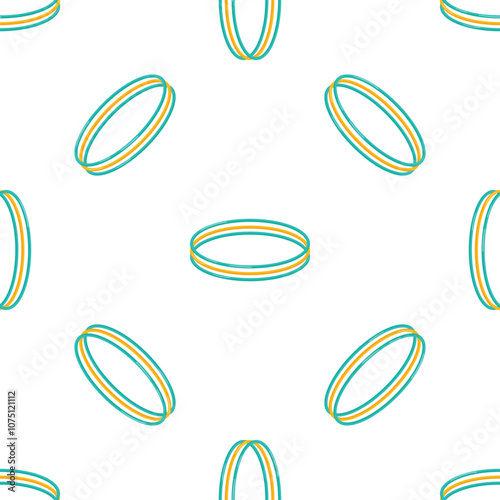 Seamless pattern of turquoise and yellow hula hoops rotating on white background, perfect for fitness, wellness, and active lifestyle projects