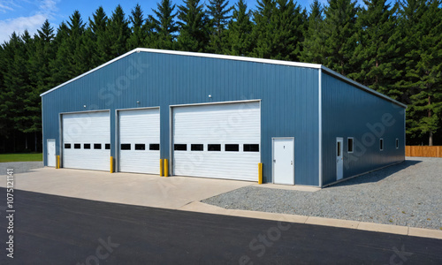 A blue metal building with three garage doors and a side entrance, surrounded by green trees in the background