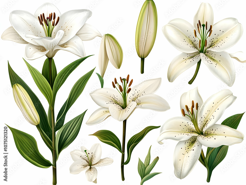 Fototapeta premium Illustration Realistic White Lily Flower and Buds