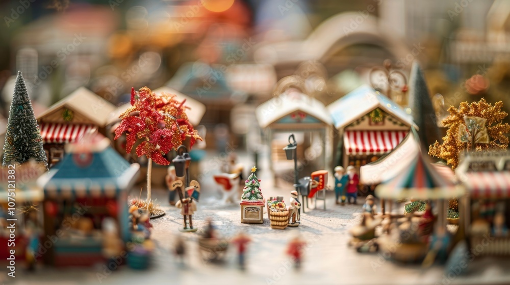 Naklejka premium A miniature Christmas market with tiny figurines and stalls, isolated on white