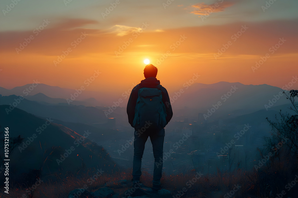 Obraz premium Illustration of Man on Mountain Top at Sunset