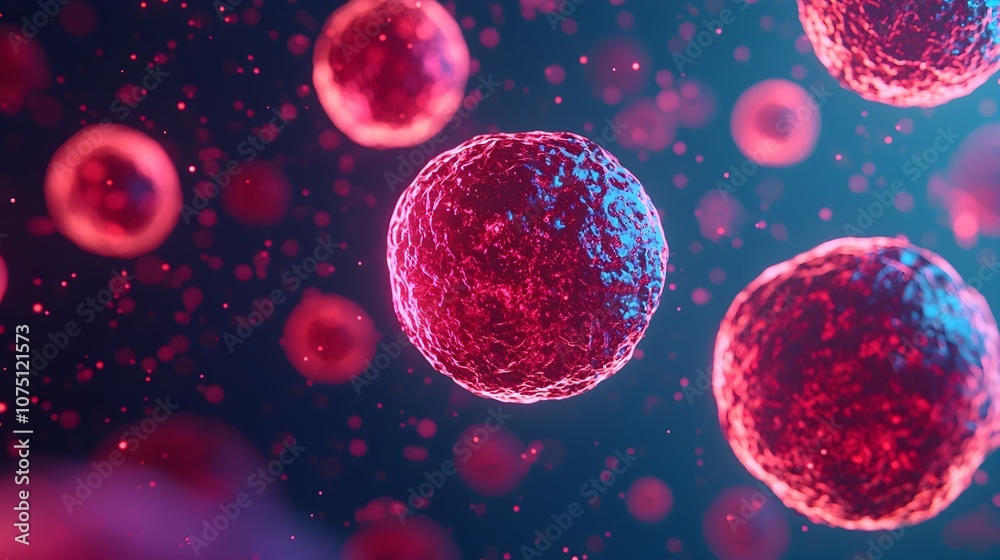 Naklejka premium Futuristic Cellular Microscopy with Glowing Holographic Health Data Visualization