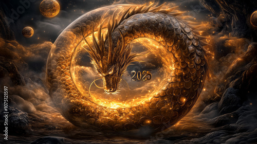 A golden dragon encircles the number 