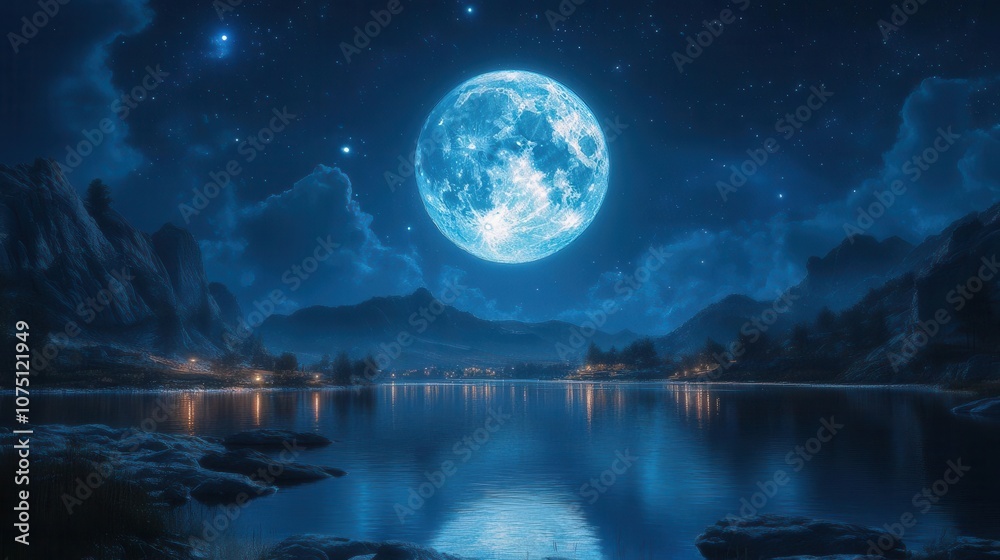 large blue moon illuminating a rocky landscape with a serene body of water beneath, creating a mystical and tranquil nighttime scene large blue moon illuminating a rocky landscape with a serene body of water beneath, creating a mystical and tranquil nighttime scene