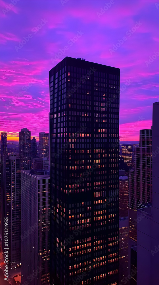 Obraz premium Photo-Purple Sunset Cityscape with Illuminated Skyscrapers