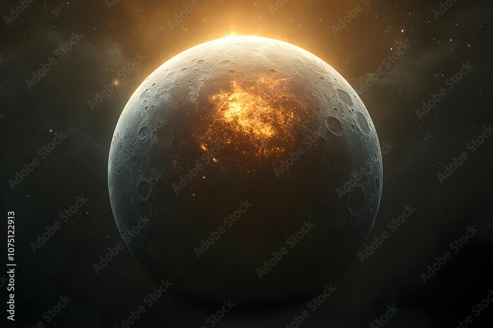 Obraz premium 3D Illustration - Lunar Sunrise, Eruption, Craters, Space, Stars, Planet, Light, Surface, Glow
